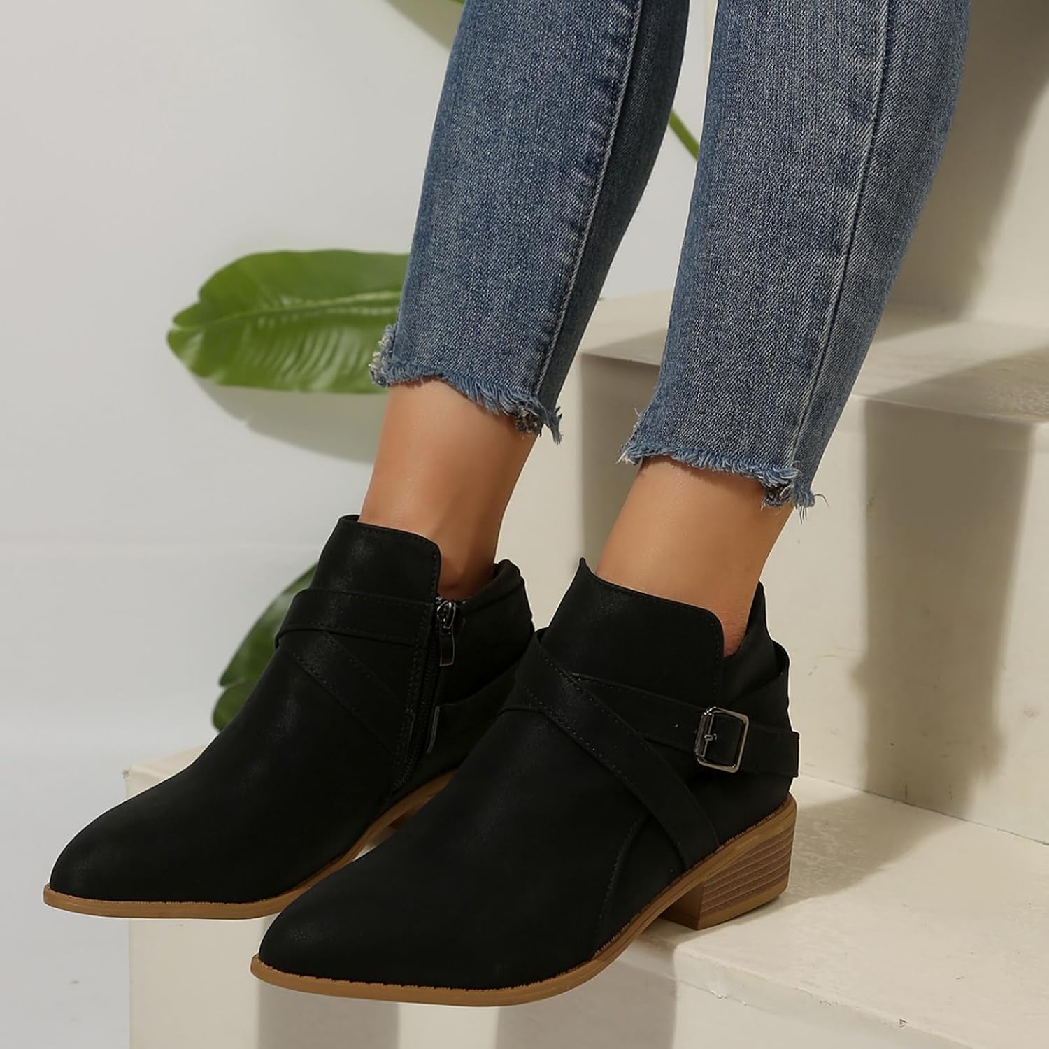 Women's Leather Buckle Strap Chunky Heel Ankle Boots with Side Zipper Fashion Comfortable Round Toe Low Stacked Heel Booties for Daily Casual Work Short Boots