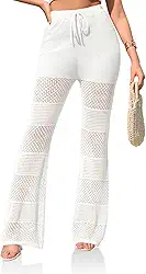 Saída de praia feminina boho malha crochê cintura alta cordão transparente calça de natação vazada