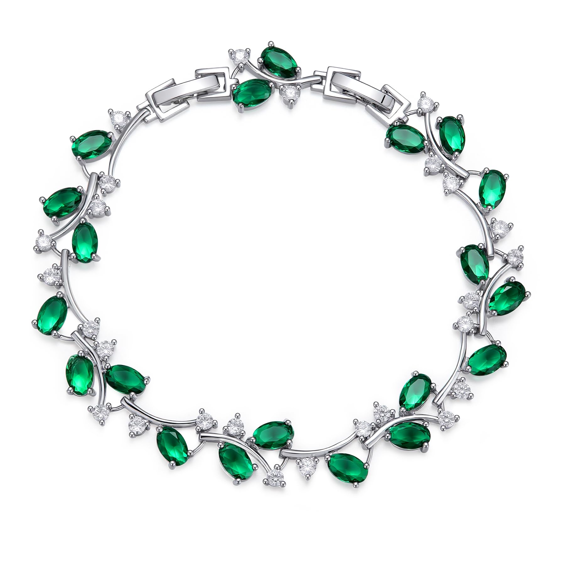 Emerald Green CZ Leaf Vine Tennis Bracelet for Women, Rhodium-Plated Brass, 8" Oval-Cut Cluster Floral Link, 5.1 mm Dainty Sparkle Gift Jewelry