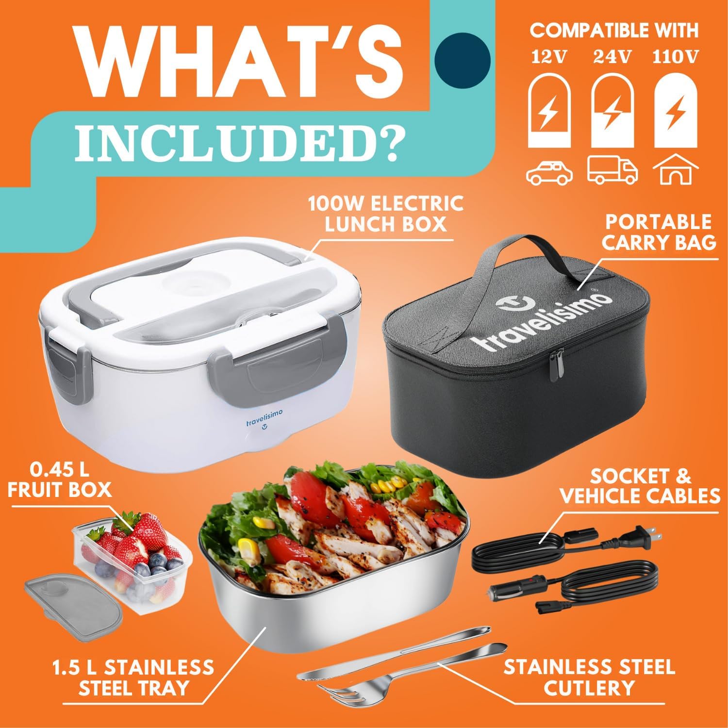 TRAVELISIMO Electric Lunch Box for Adults 100W Heated Lunch Box For Men 1.5L Stainless Steel Portable Food Warmer, 12/24/110V for Travel & Work, Loncheras Electricas Para Calentar almuerzo