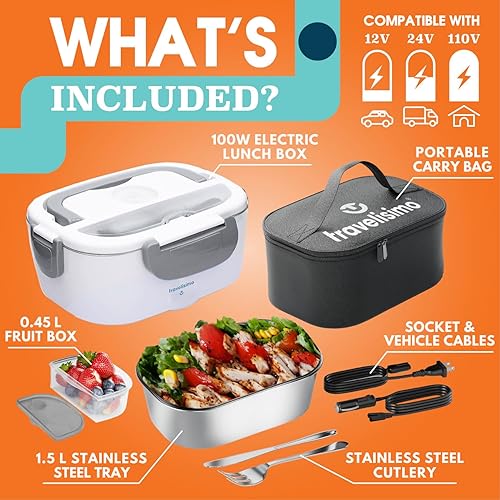Miniatura 5 de TRAVELISIMO Fiambrera eléctrica para adultos de 80 W con calefacción para hombres, calentador de alimentos portátil de acero inoxidable de 1.5 L