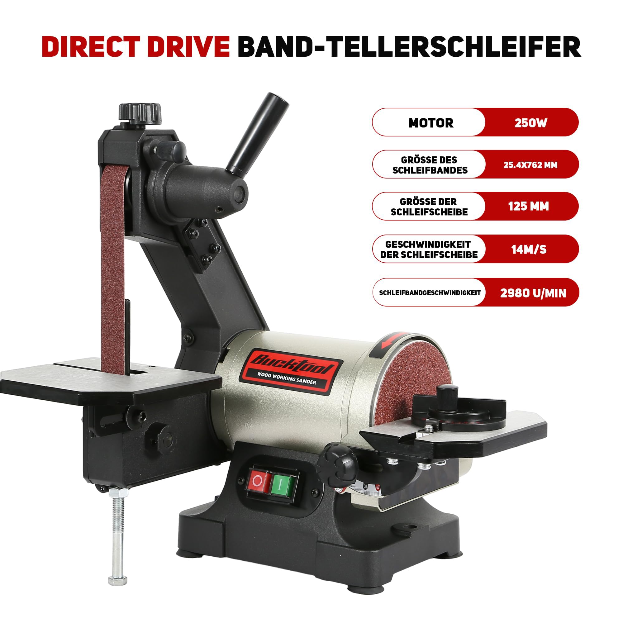BUCKTOOL Ponceuse à disque à bande 250 W, bande de 25,4 x 762 mm, clé à disque de 125 mm, stockage et retrait facile du couvercle de la bande, disque de ponçage à entraînement direct vitesse 2980 tr
