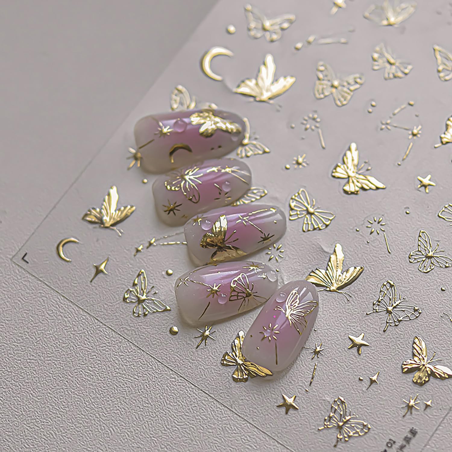 1 Sheets Spring Butterfly Nail Art Stickers Gold Butterfly Nail Decals 5D Moon Star Nail Stickers Self-Adhesive Bronzing Stars Moon Nail Design Decals