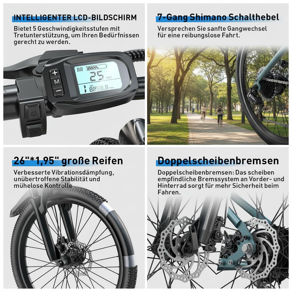 Eleglide E-Bike 26" mit 7-Gang Schaltung 250W Motor 10Ah Akku Höchstgeschwindigkeit 25km/h