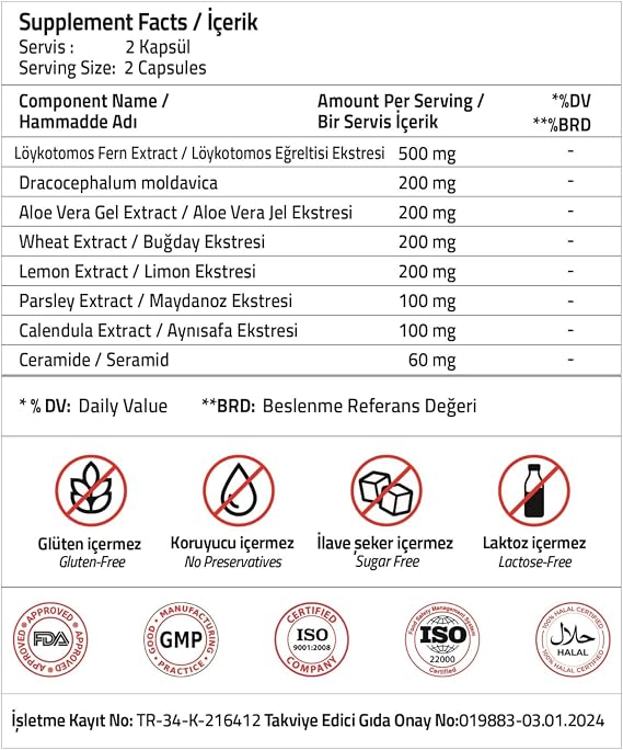 Validus Ceramide 60 mg + Löykotomos Fern 500 mg + Aloe Vera Gel 200 mg + Wheat Extract 200 mg 60 Capsules