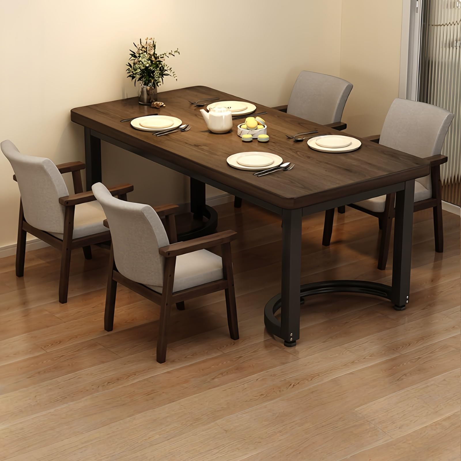 Compact Wooden Dining Table Set with 2 Chairs, Rectangular Kitchen Table & Steel Frame, Adjustable Feet, Ideal for Small Spaces, Breakfast Nook & Apartments