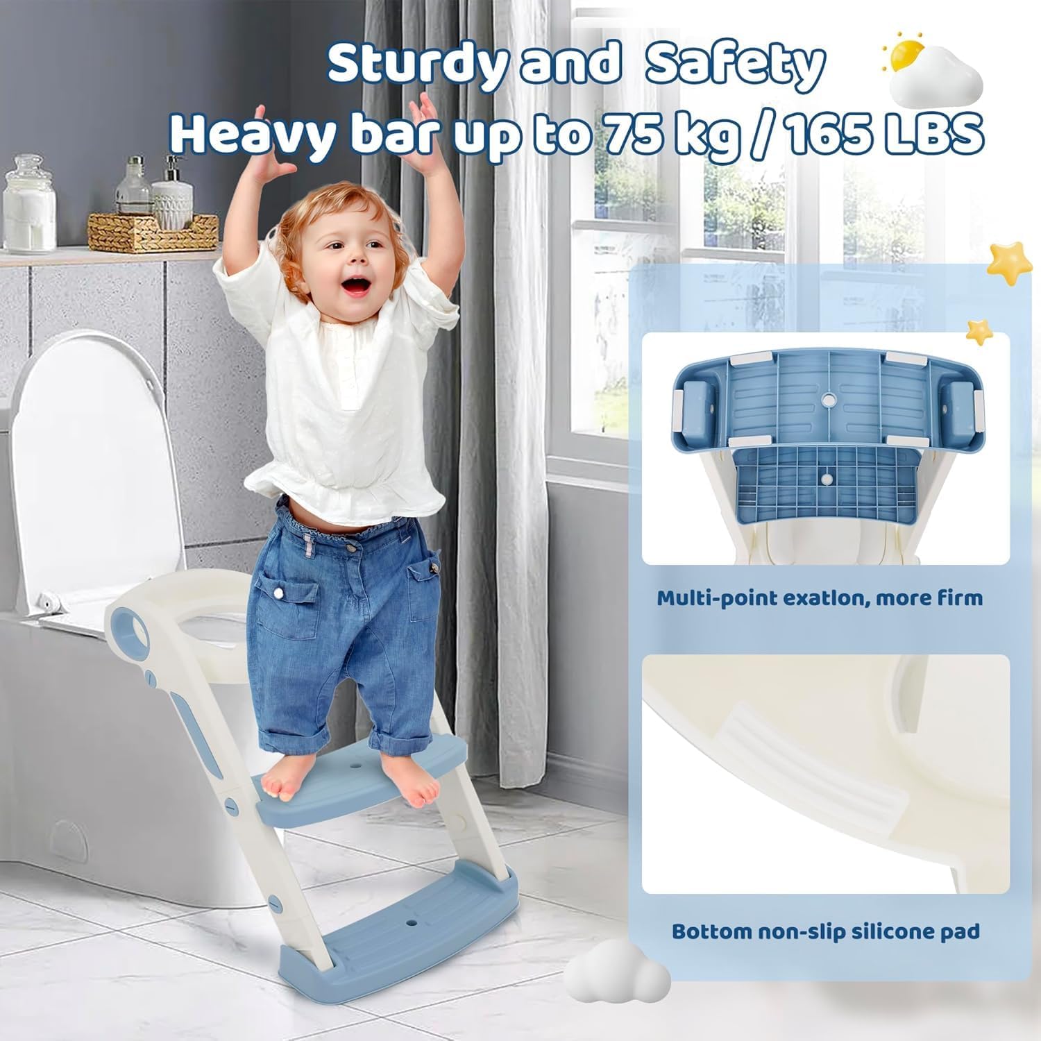 Sedile WC per bambini con scale, sedile WC per bambini e bambine, regolabile in altezza e pieghevole, per bambini