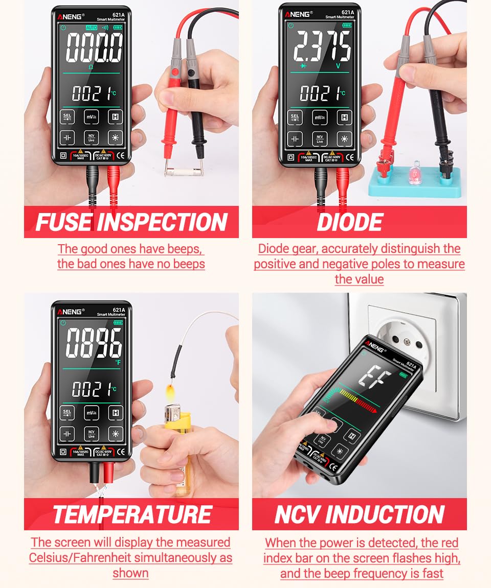HUIOP Multimeter Multímetro Digital Inteligente 621A con Pantalla táctil, 9999 recuentos, Rango automático, Recargable, portátil, NCV, medidor Universal, voltímetro, amperímetro