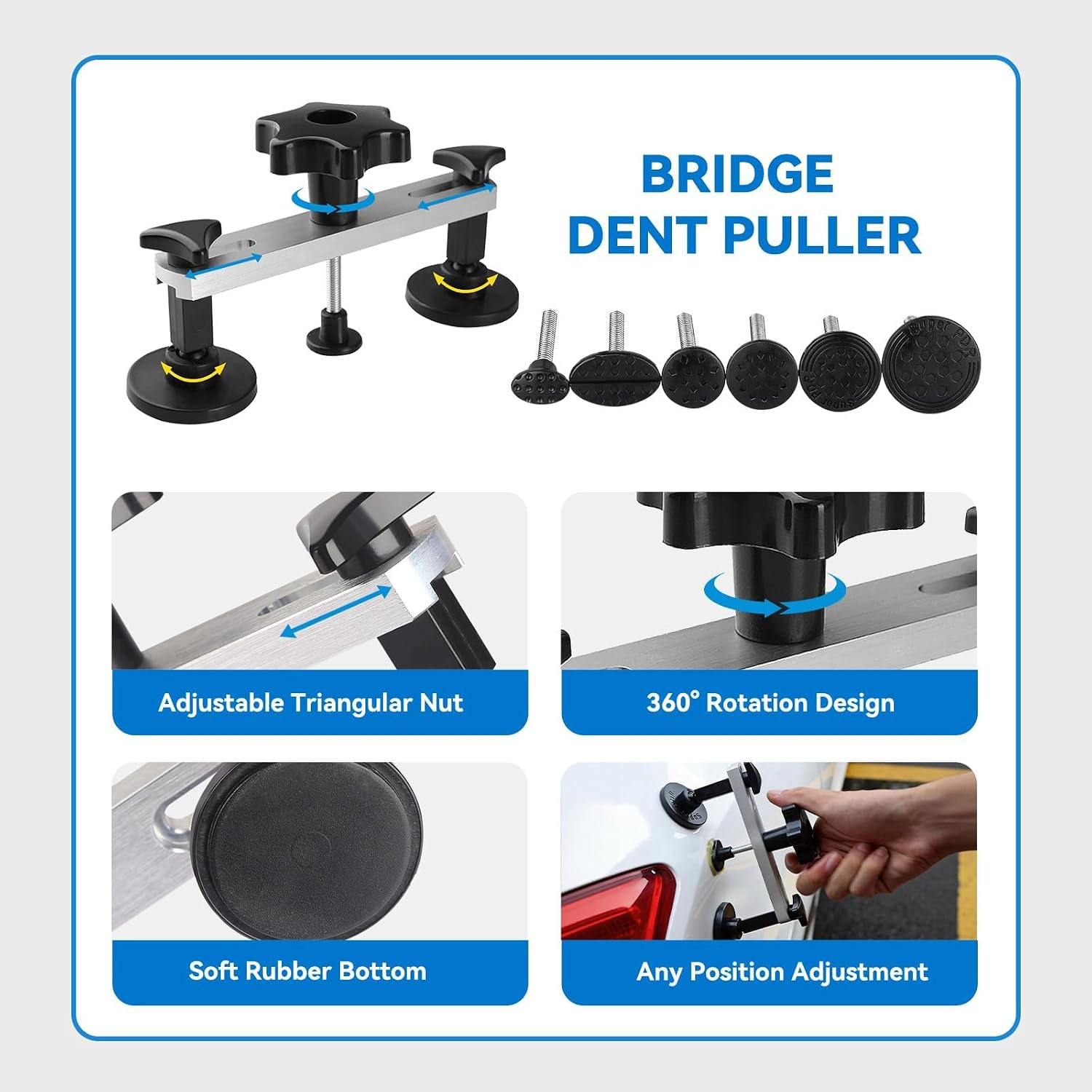 Dent Puller Kit for Car, Paintless Dent Removal Kit with Lightweight Dent Lifter, 2-in-1 T-bar Puller, Rubber Hammer Kit & Versatile Suction Cups for Auto Body Dent Repair Hail Damge or Door Dings