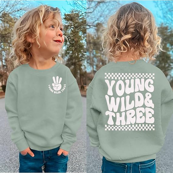 BOUTIKOME Young Wild and Three Birthday Boy Sweatshirt 3 Year Old Boy Pullover Third B-Day Party Shirt Fall Long Sleeve Tops