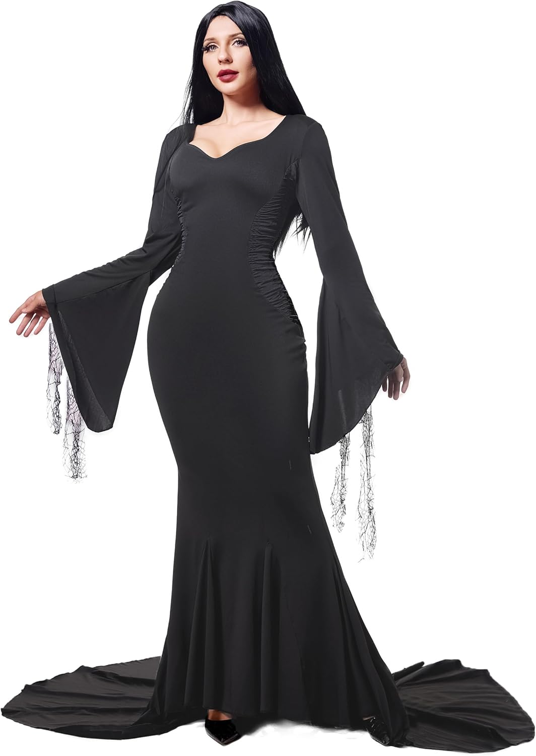Funna Black Costume Women Dress Halloween Family Cosplay Gothic Witch Maxi Long Dresses Floor Length