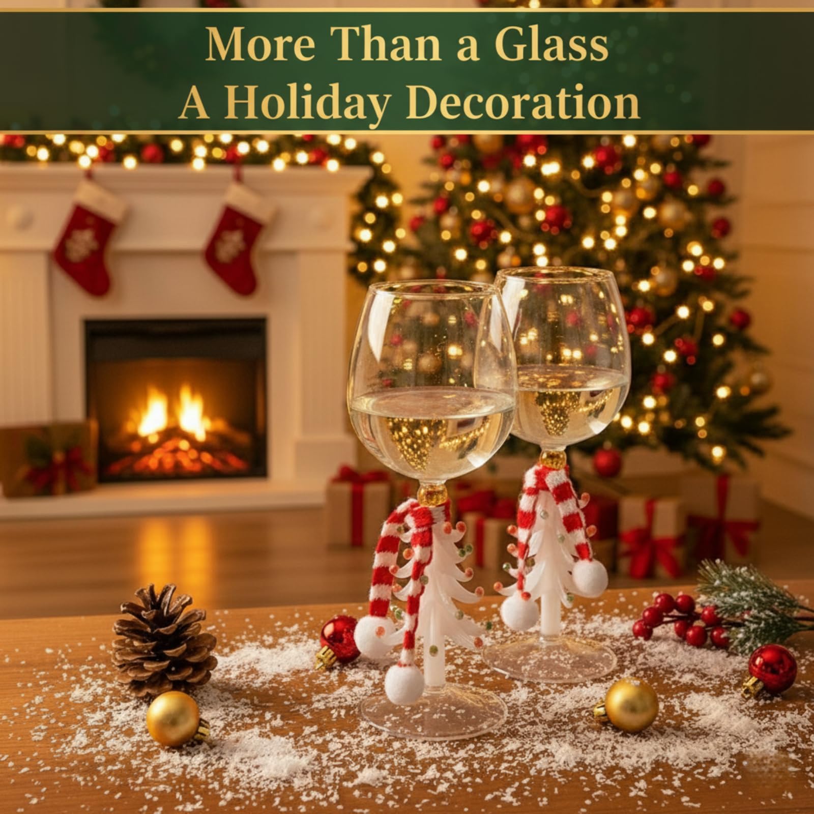Bicchiere da vino con albero di Natale, 300 ml, con sciarpa, decorazione in cristallo, per feste, feste, regalo per gli amanti del vino (verde e bianco)