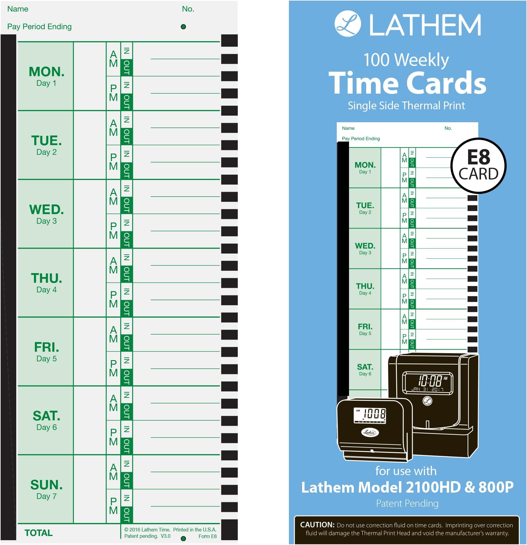 Weekly Employee Time Card Pack, 100 Count E8 Thermal Print Timesheets, Single Sided with Named Days for 2100HD 800P Clocks