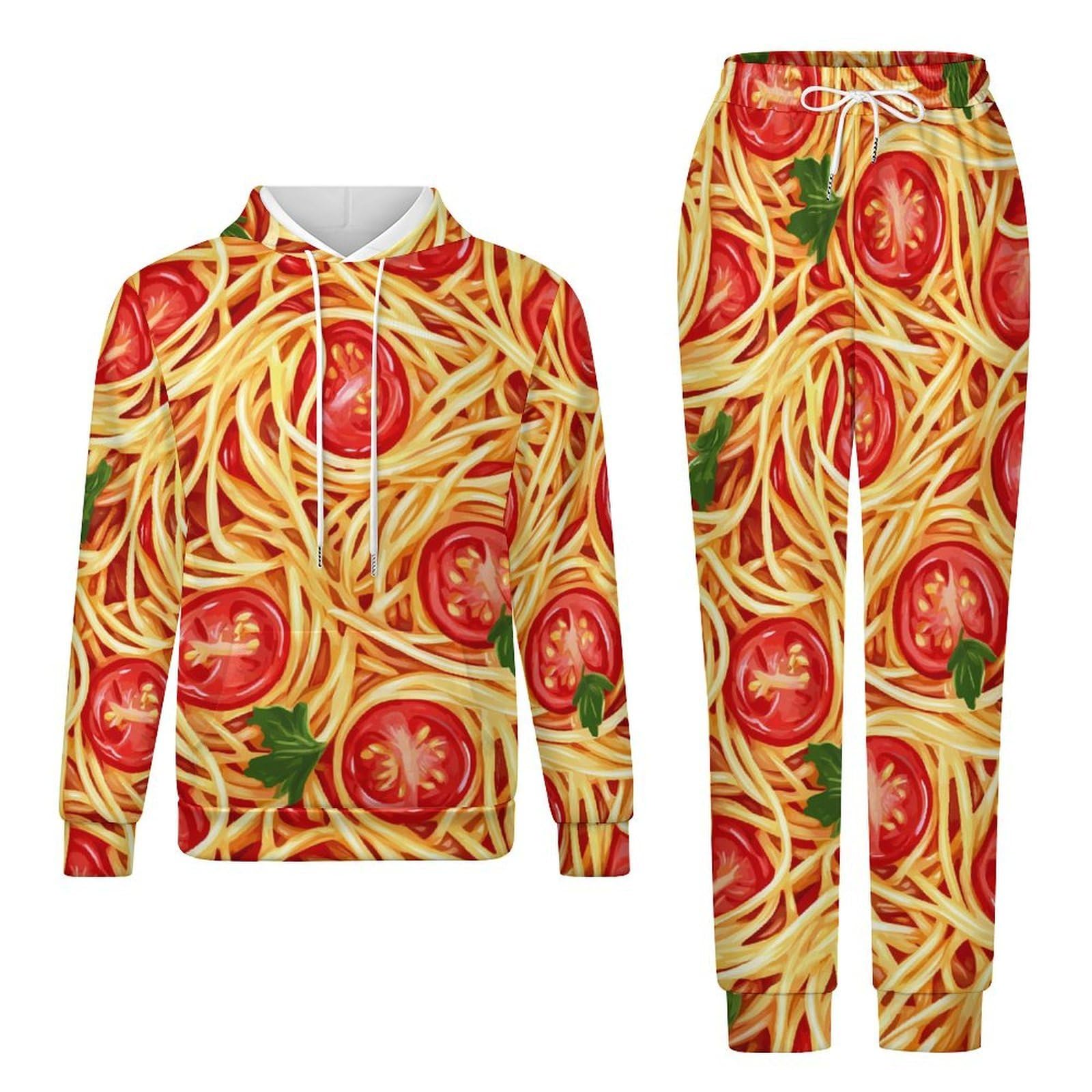Set completo di felpa con cappuccio e pantaloni da jogging da uomo con spaghetti pasta e salsa T-omato Sauce