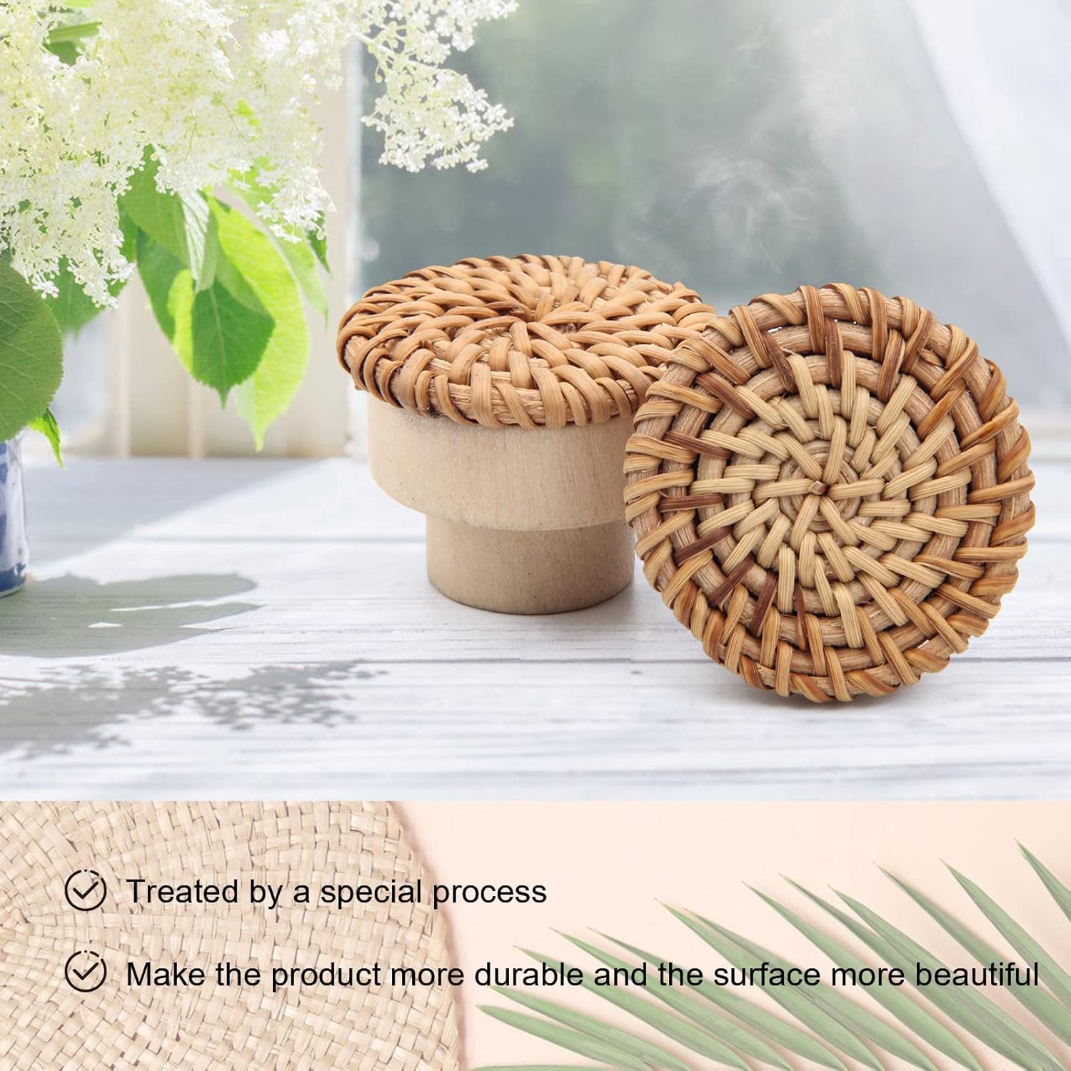 Boho Rattan Dresser Knobs - Wooden Drawer Handles with 10 Screws