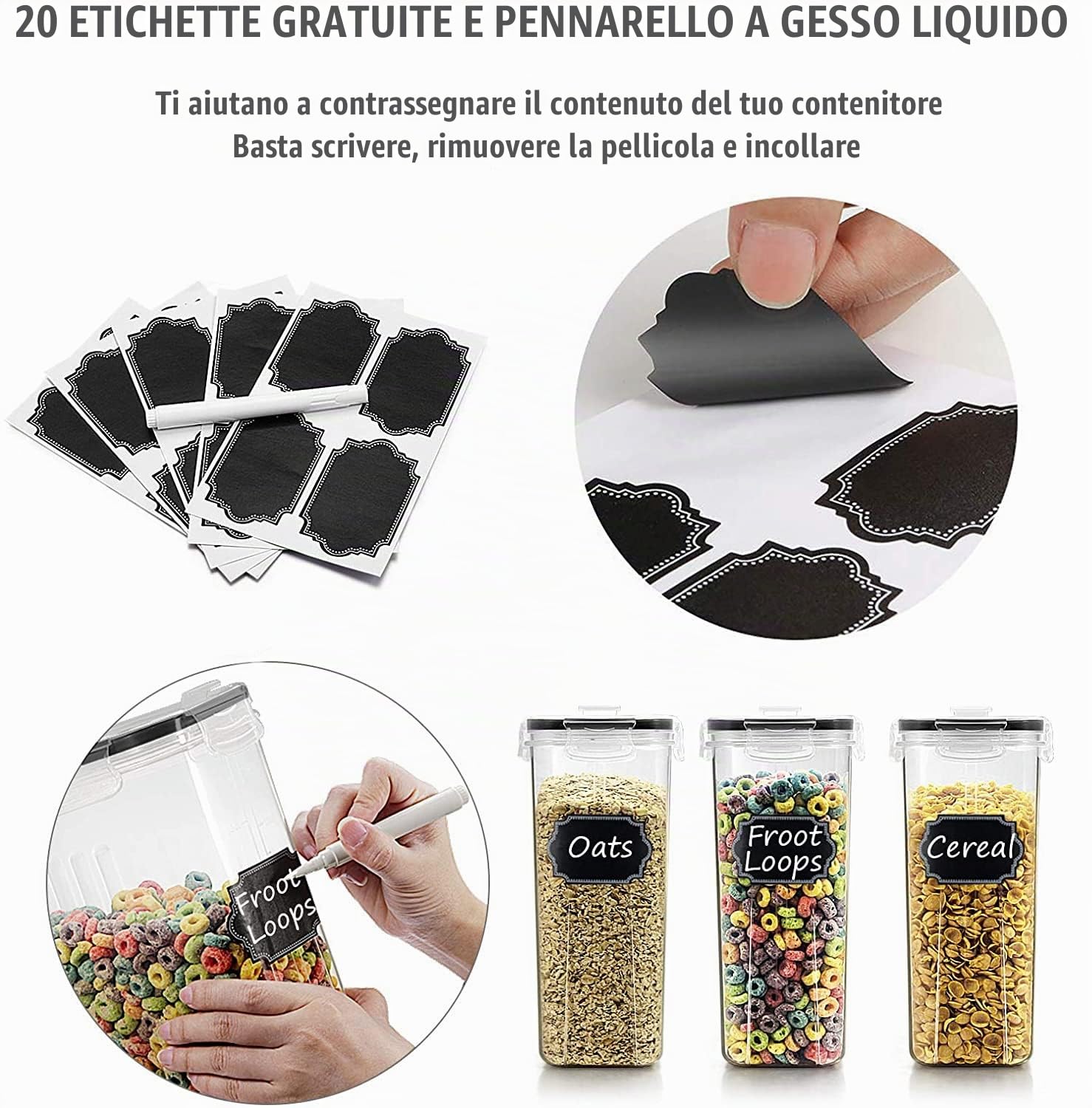 Wildone, Contenitori ermetici per cereali e alimenti secchi, per zucchero, farina, snack e ingredienti per dolci, a prova di perdite, con coperchio nero di bloccaggio, set da 8 (2,5 litri)