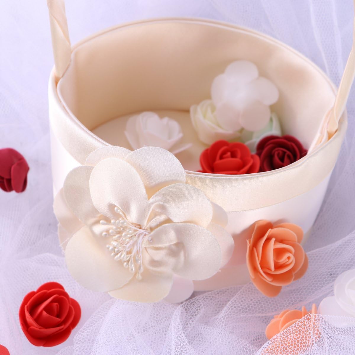 Healifty Vintage Satin Wedding Flower Girl Basket for Ceremony Party Handmade Romantic Flower Basket 8.26X5.90X5.90In Ideal for Weddings Showers and Anniversary Celebrations
