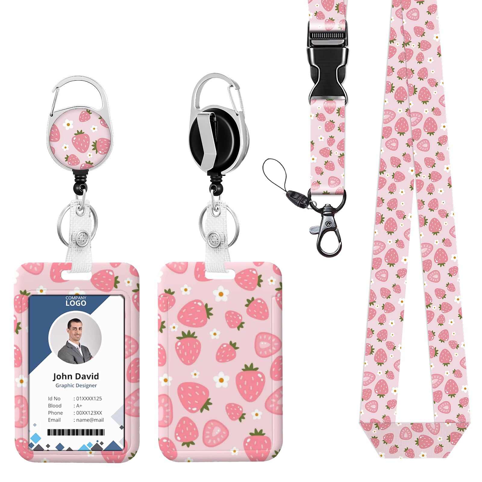 ID Badge Holder with Lanyard Strawberry Retractable Reel Lanyards for ID Badges Name Tag Clips Funny Nurse Teacher Office Student Gift