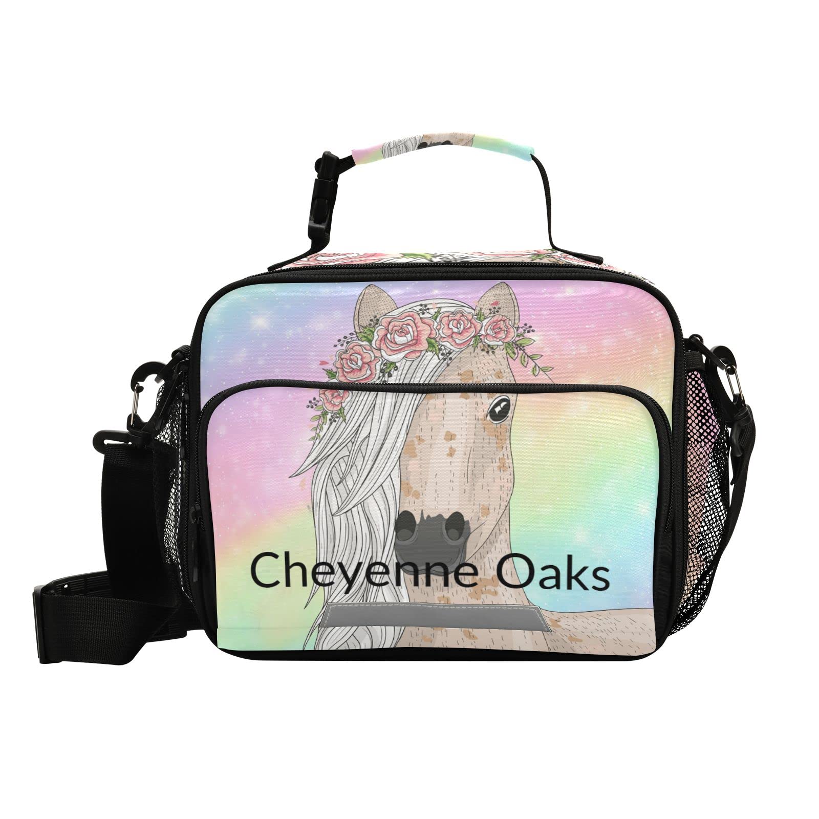 ALAZA Custom Tie Dye Flower Horse Lunch Boxes for Girls with Name Rainbbow School Lunchbox for Kids Insulated with Shoulder Strap and Reflective Strip