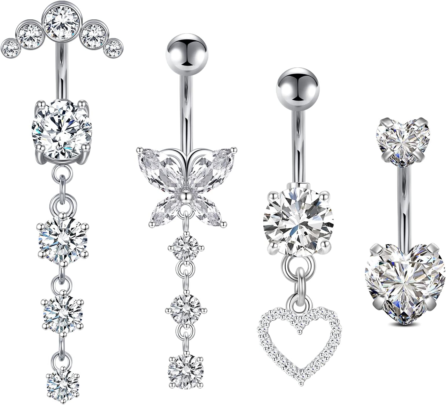 14G Dangle Belly Button Rings Set Navel Piercing Jewelry - Smooth Edges for Summer Outfits, 1.6mm Silver Tone CZ Butterfly Heart Flower Rings 5 Pcs