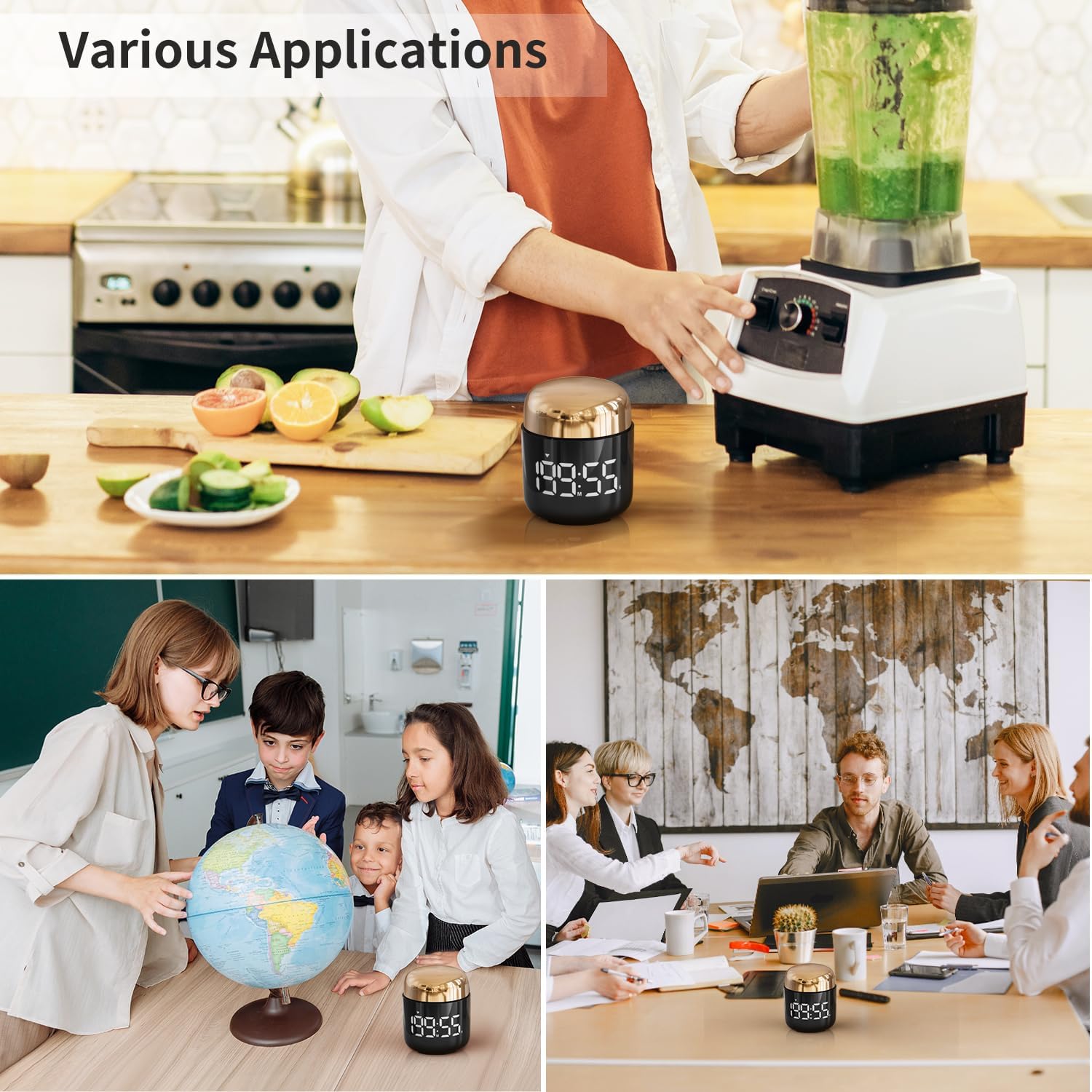 MeesMeek Digital Kitchen Timer in various application settings