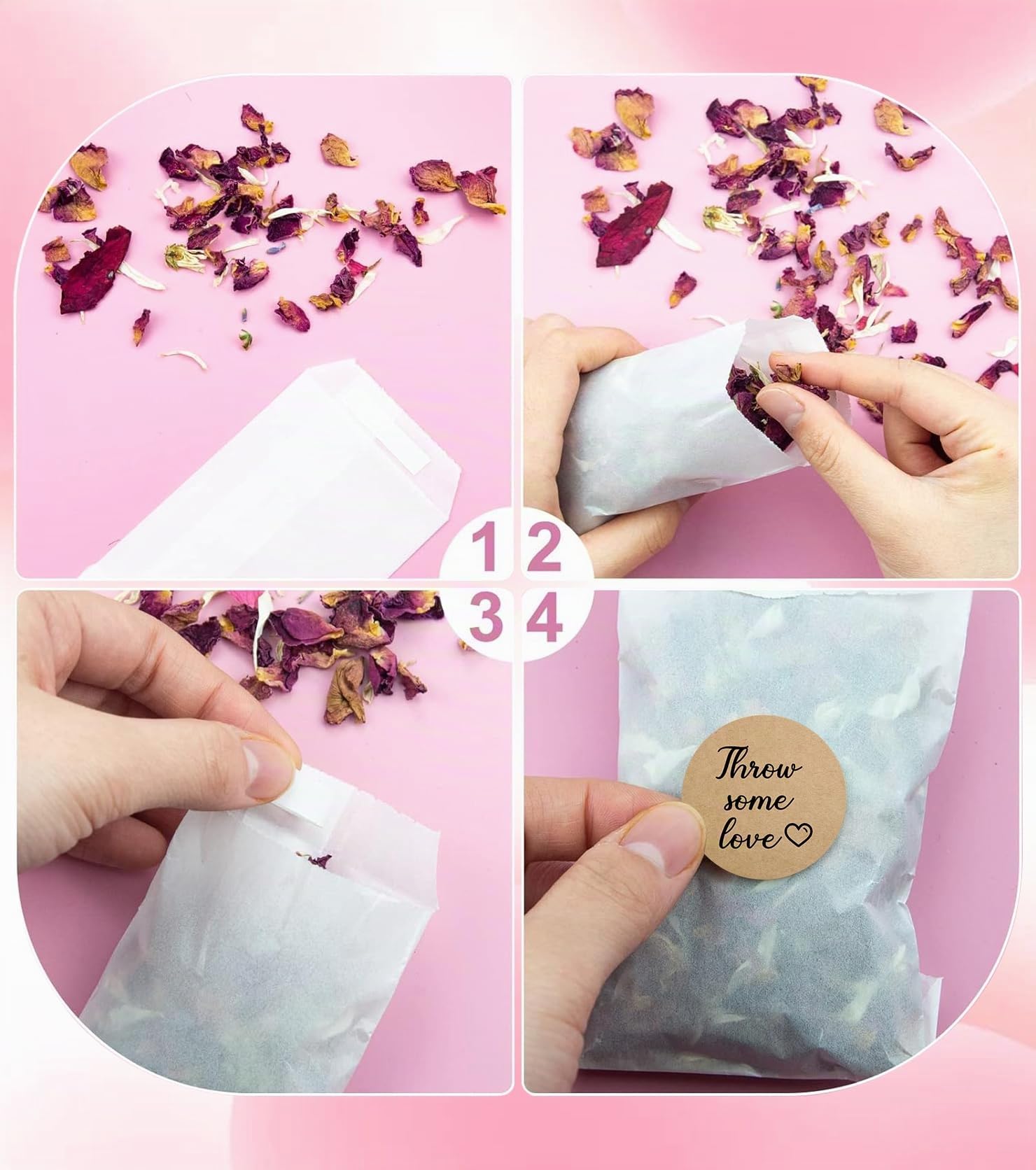 60 Bolsas de Papel Confetti Saquitos de Petalos Juegos Petalos de Rosa Naturales 200 g Flores Secas Boda Calcomanías Confeti de Boda Pétalos Flores Biodegradables para Bodas Propuestas Celebraciones