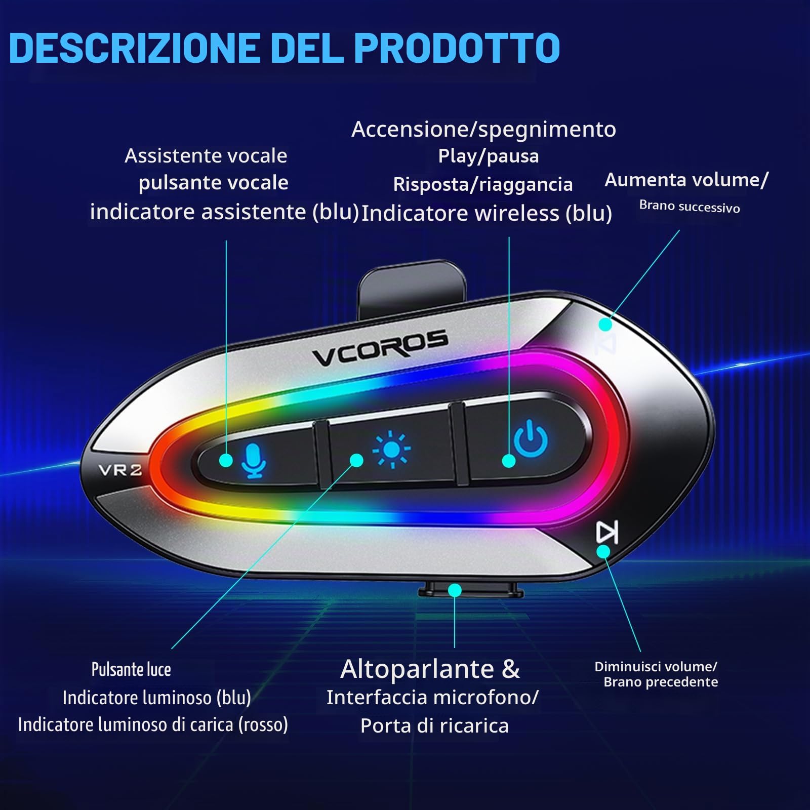 Casco Moto Auricolare,VR2 Casco Moto Bluetooth Auricolare per Singola, IPX6 Impermeabile,Modalità luce RGB,5.3 Cuffie Bluetooth per Moto,Auricolari Moto per Vivavoce AI Voice Control,Controllo Musica