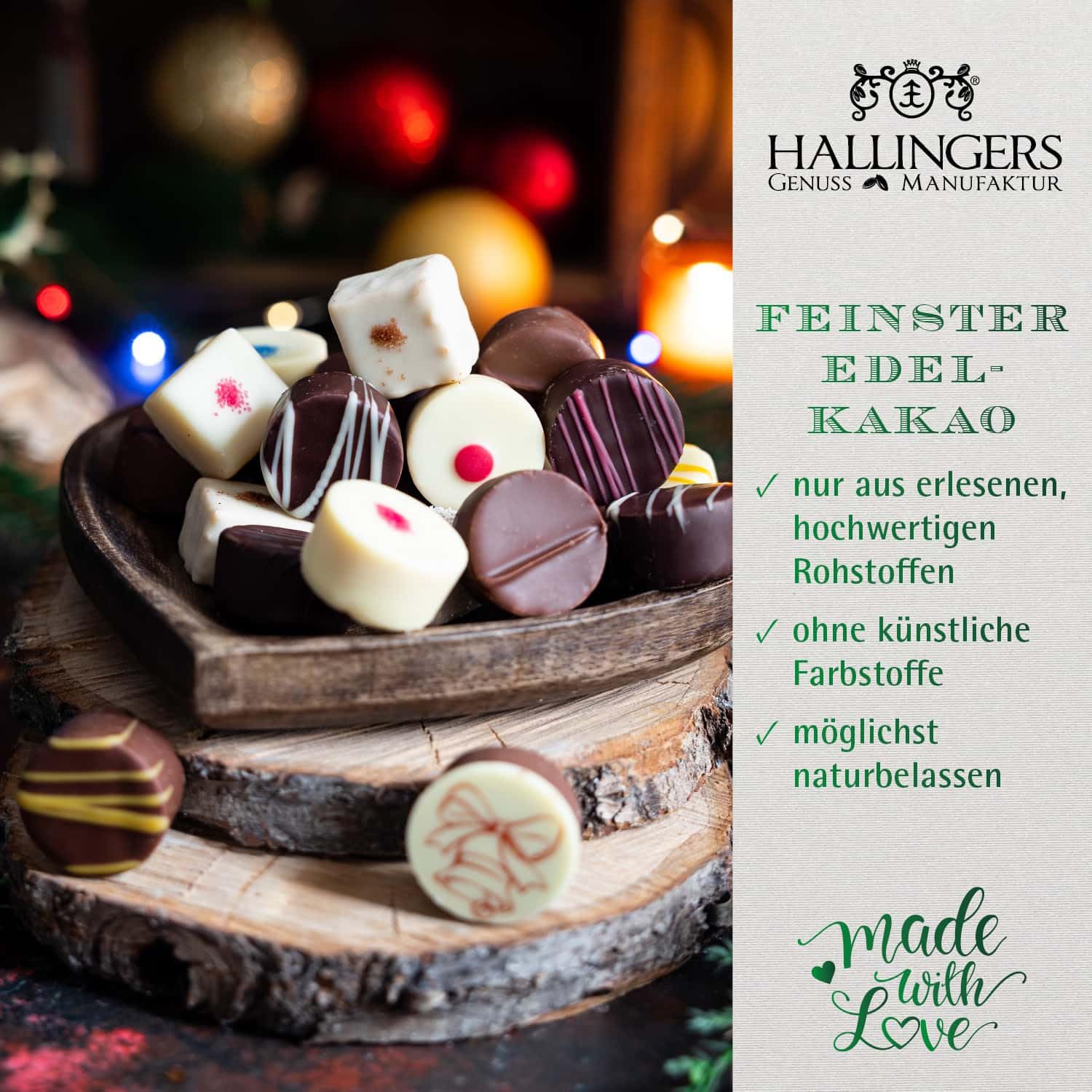 Hallingers Genuss Manufaktur Pralinen Adventskalender - ohne Alkohol, handmade aus Confiserie-Edelkakao in wertigem Softfeel-XLKarton "Weihnachtsfreud...", Weihnachtskalender für Frauen Männer