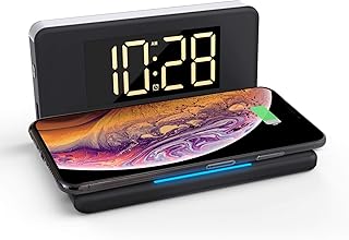 Pointuch Réveil Numérique avec Chargeur sans Fil, Port de Chargement, Veilleuse Blanche, 4 Niveaux de luminosité, Chargeur à Induction Compatible avec iPhone Samsung Galaxy Airpords(Noir)