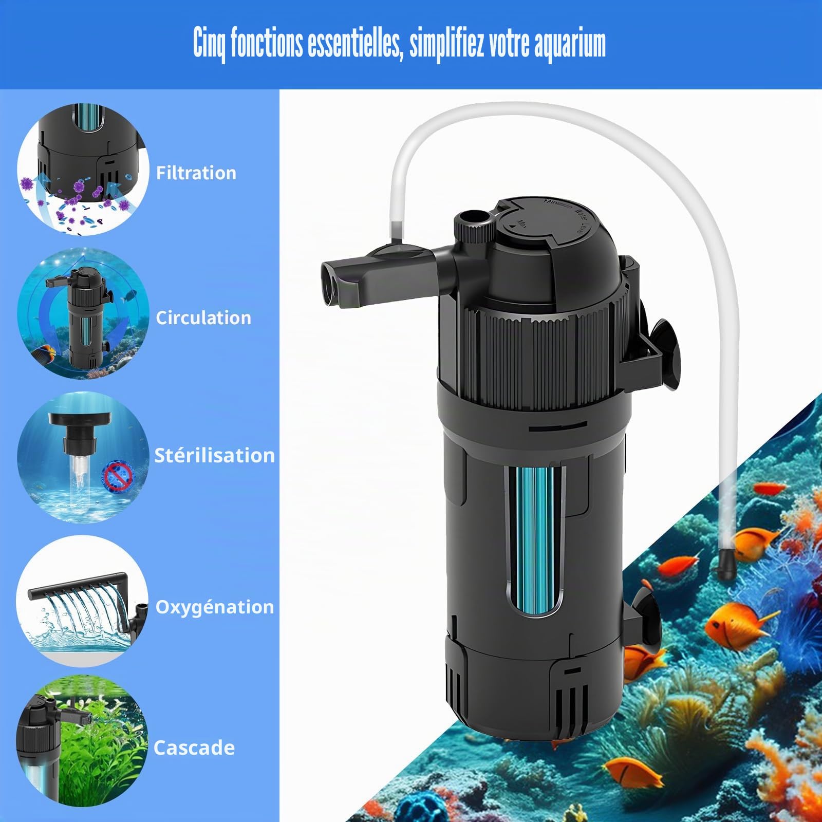 Filtre interne d'aquarium avec stérilisateur UV qui transforme l'eau verte en eau claire pour aquarium de 15 à 80 L, filtres réglables 5 en 1 pour aquariums avec débit et direction