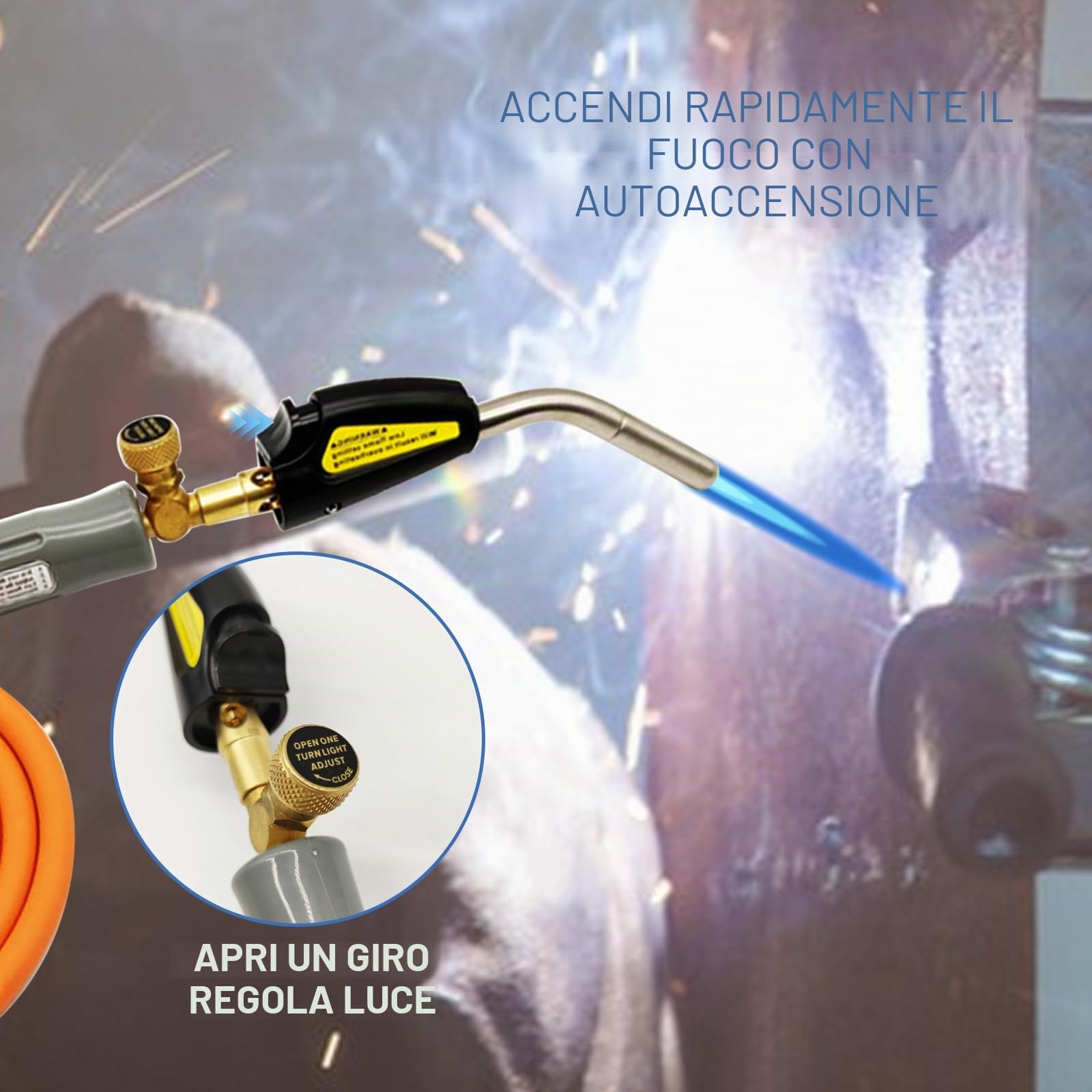 MAPP - Torcia a propano, testa a gas con tubo 1,2 m, innesco automatico, valvola accensione regolabile, punta ottone, interfaccia CGA600 riscaldamento, brasatura