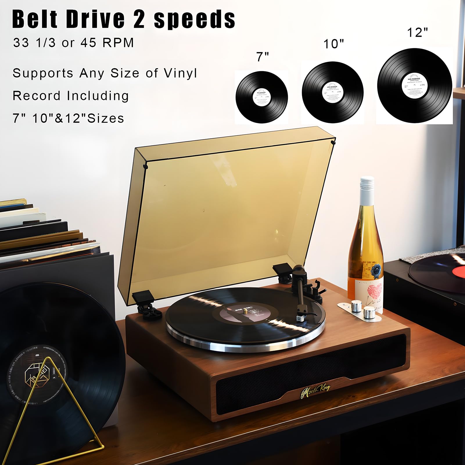Gramofon Bluetooth z wbudowanymi głośnikami, automatyczne zatrzymanie, wyjście AUX/RCA, zegar LED, klasyczny odtwarzacz płyt winylowych do płyt 7/10/12 cali, idealny do dekoracji domu