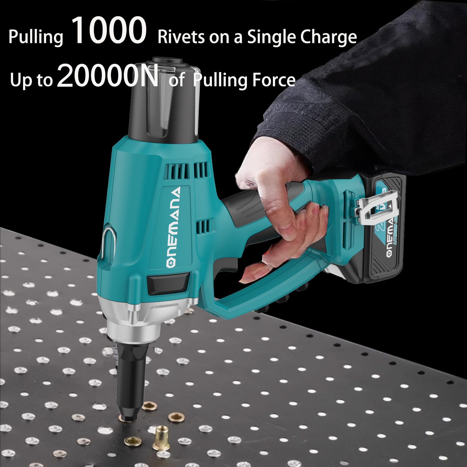 Pistola Remachadora Inalámbrica Batería, ONEMANA Pistola de Remache Eléctrica sin Escobillas 20000N 480RPM, Pistola de Tuerca de Remache Automático con LED（Remachadora Solo Cuerpo）