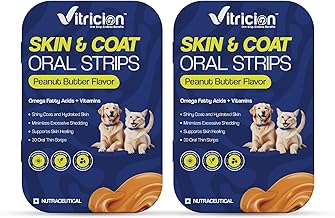 Pet Skin & Coat Oral Strips for Dogs & Cats | Omega Fatty Acids, Vitamin A & E | Vet Approved, Reduces Shedding & Itching | Thick & Shiny Fur | 60 Strips | Peanut Butter Flavor