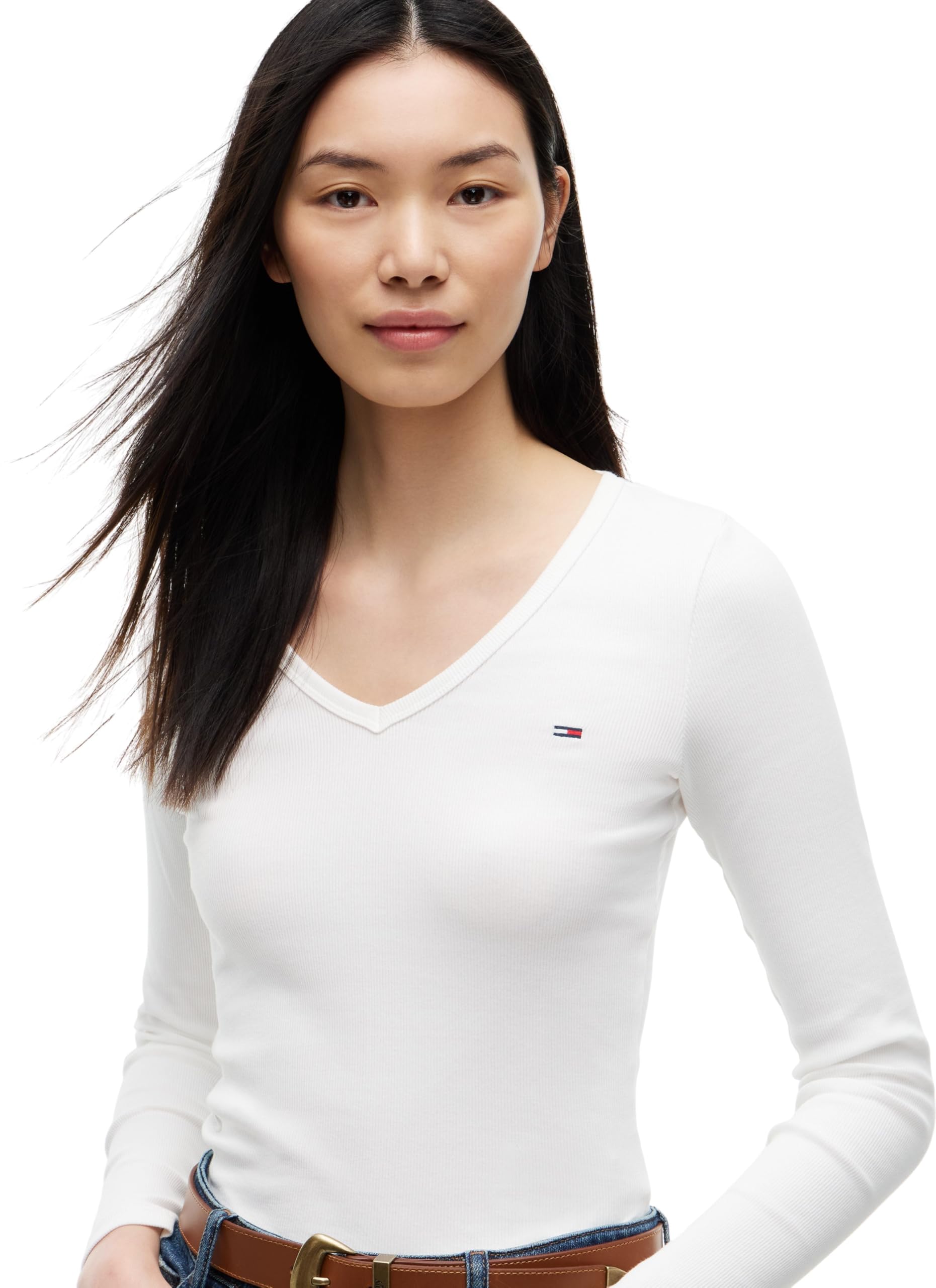 Tommy Jeans Donna Maglietta Maniche Lunghe Slim Fit Essential V-Neck Scollo a V