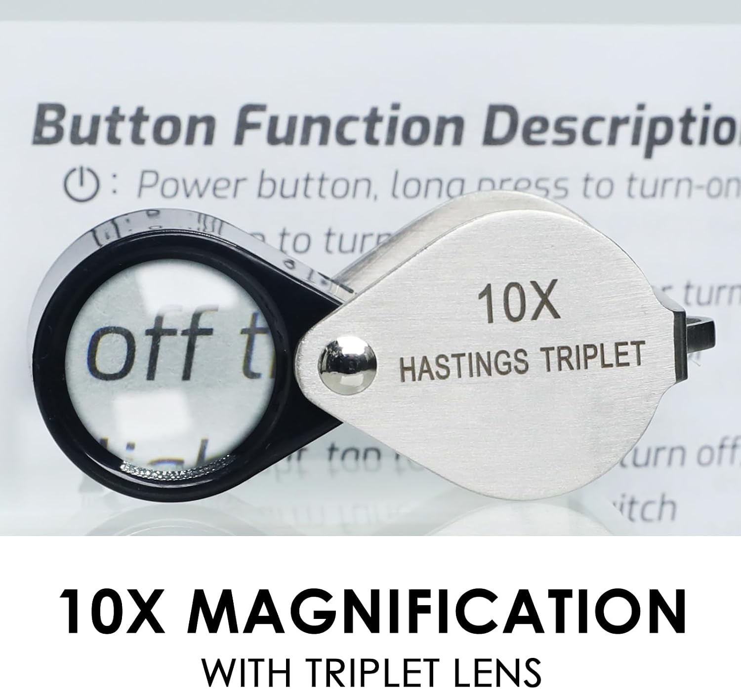Jewelers Loupe Magnifier 10x Hasting Triplet 16mm (0.63") Optical Glass Bright Clear Lens Stainless Steel Mini Foldable Loupe for Gems, Jewelry, Coins, Stamp, Watch Repair etc