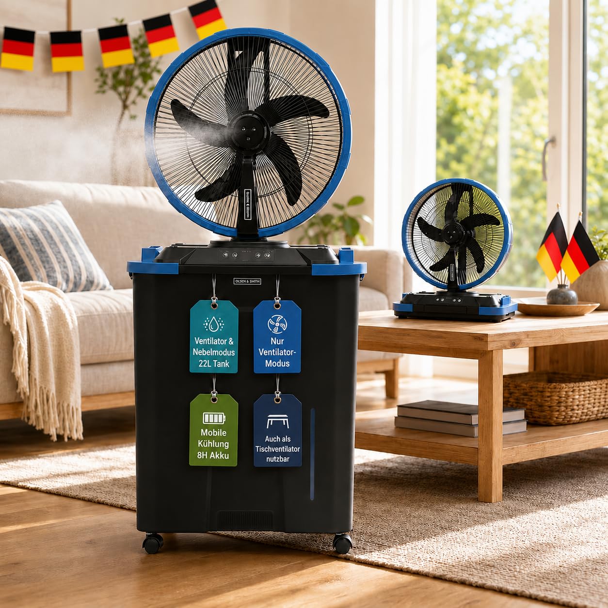 Olsen & Smith 16 Zoll Standventilator mit Wasserkühlung, Akku, Leise | Luftkühler & Ventilator mit Kühlung, 2,2 L Wassertank, Oszillation, Fernbedienung, Rollen, Garten Terrasse & Balkon, Blau