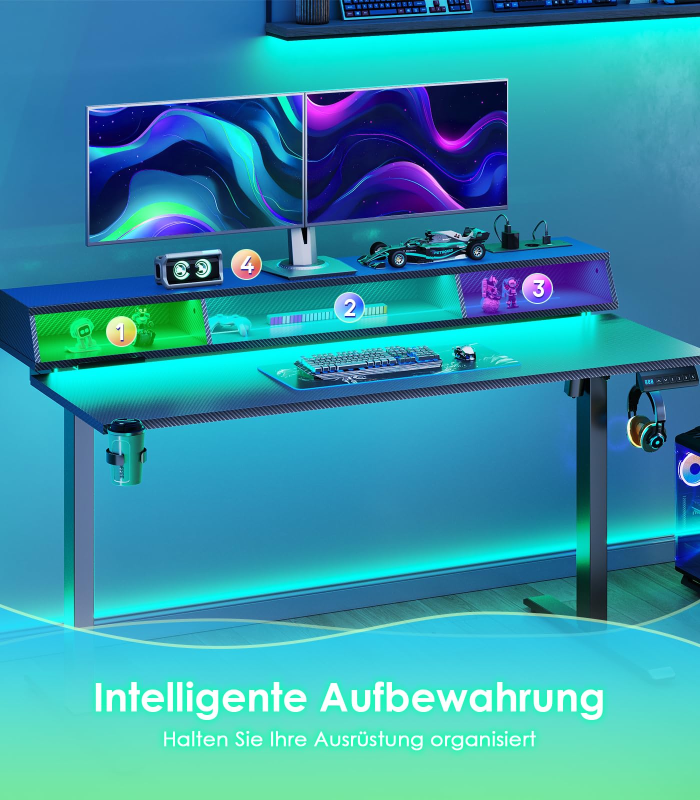 OffiGo Höhenverstellbarer Schreibtisch mit RGB LED 140×60 cm, Schwarz | Gaming Tisch mit RGB LED & Steckdosen, Elektrischer Schreibtisch mit 3 offene Ablagen, Computertisch für Home
