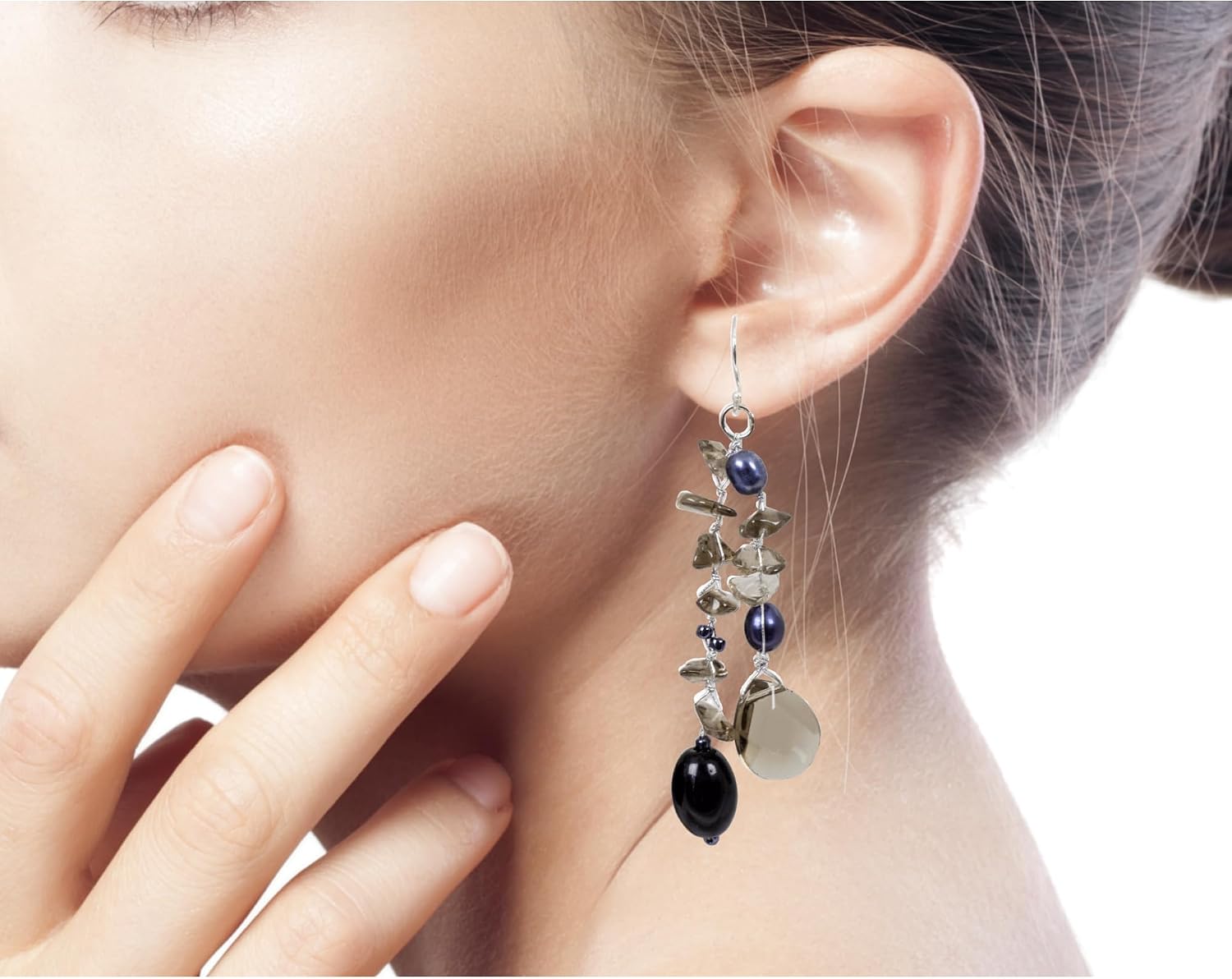 NOVICA Artisan Handmade Cultured Freshwater Pearl Waterfall Earrings .925 Sterling Silver Dangle Glass Bead Black Beaded Thailand Birthstone 'Nocturnal Symphony'
