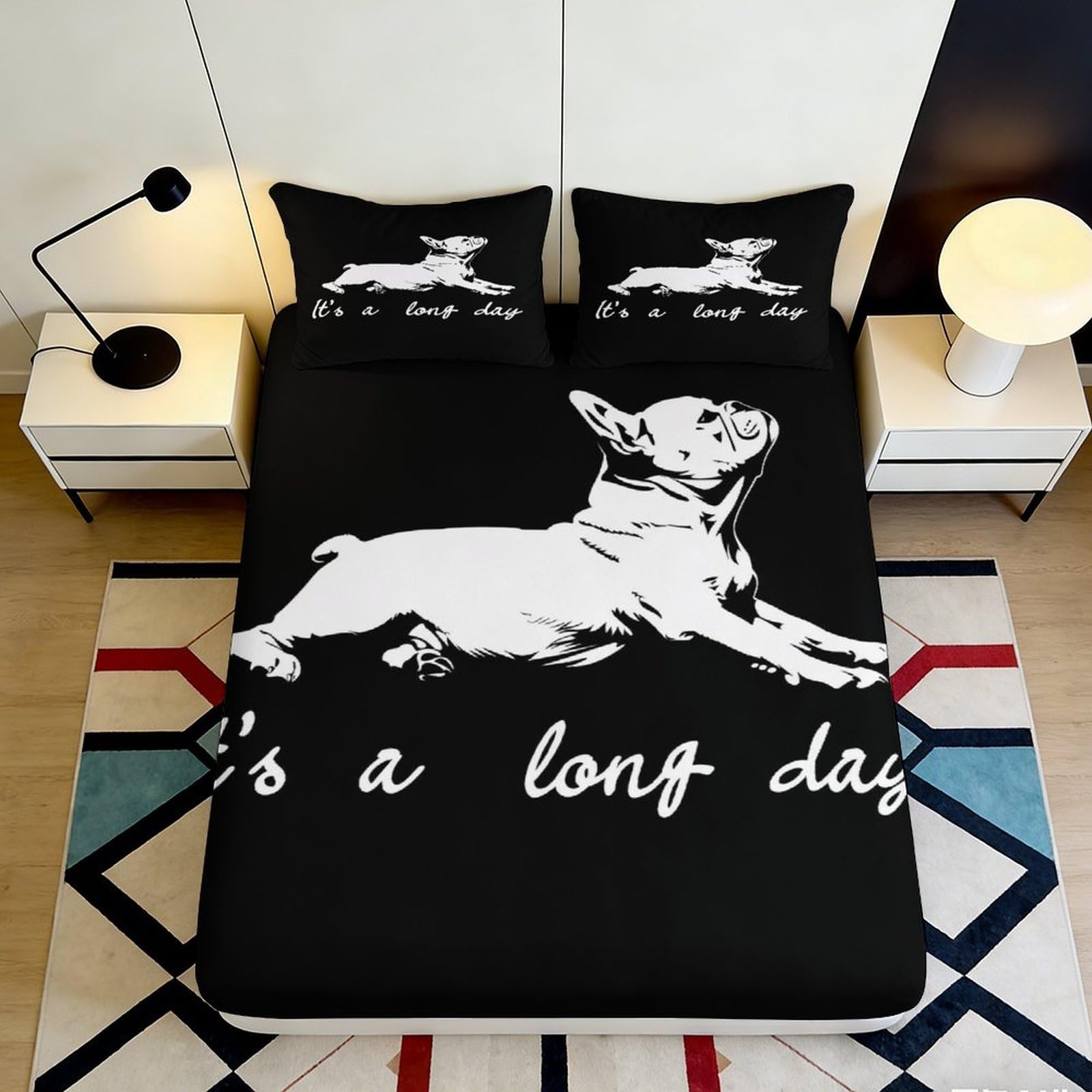 Qjzxknhpgr Style-3 3D Printed French Bulldog Fitted Sheet Microfiber Black White Dog Theme Mattress Cover Bedroom Decor Anti-Slip Washable 90X200x25cm