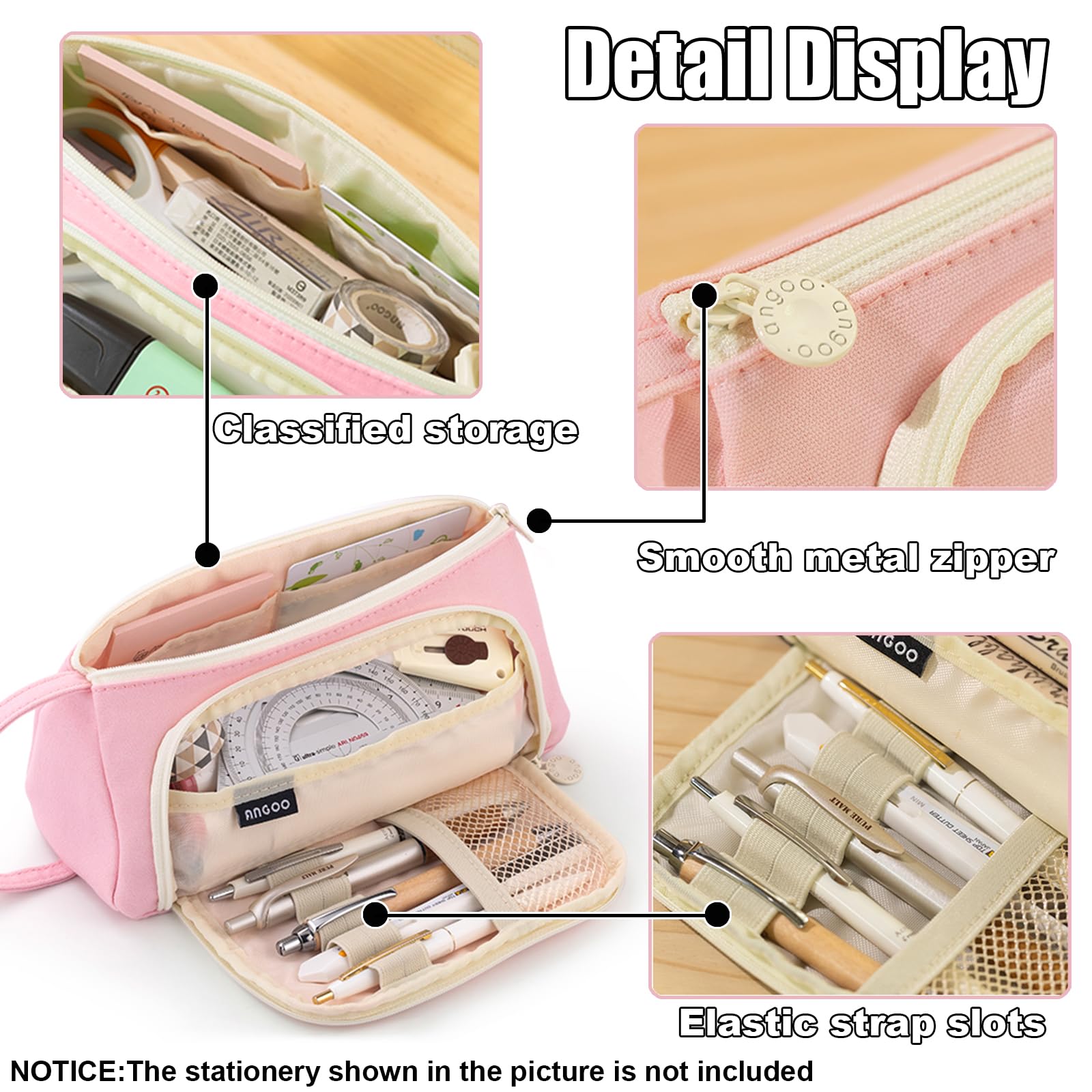 ONCCI Girls Pencil Case - Large Capacity Teenager Case for School & Office (Creme-Pink), 21 cm x 9 cm x 10 cm - Image 3