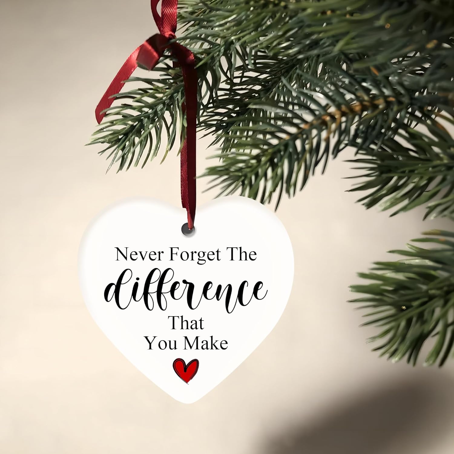 Never Forget The Difference You Make Ornament, 2.7 Inch Heart Shaped Ceramic Hanging Sign with Inspirational Quote, Appreciation Gift for Teachers, Coworkers, Nurses, Friends & Volunteers - Image 4