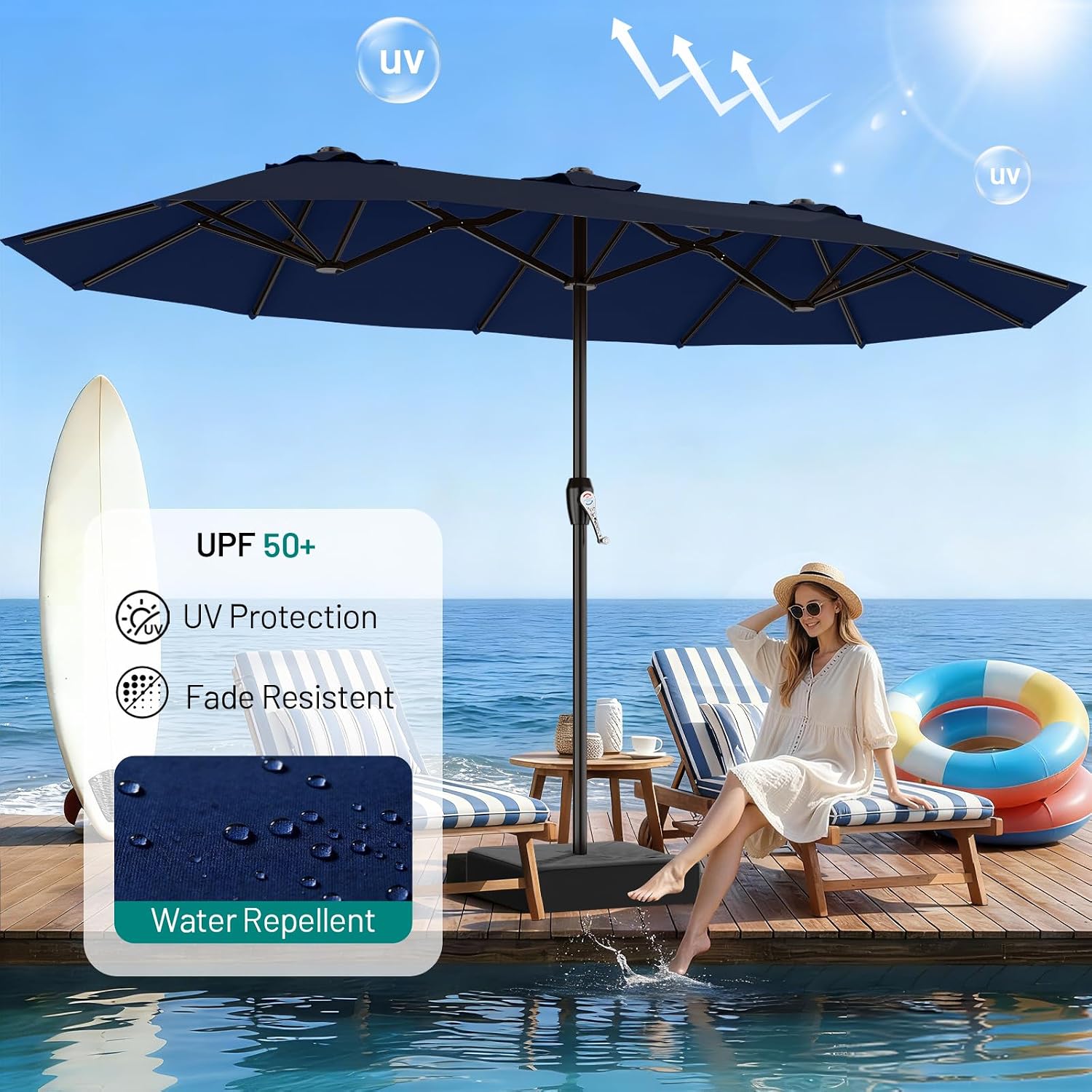 AreShark 15FT Outdoor Patio Umbrella with Crank, Large Rectangular Market Umbrella, Double-Sided Outdoor Umbrellas with Cross Base & Sandbag for Porch, Lawn, Pool, Backyard, Navy