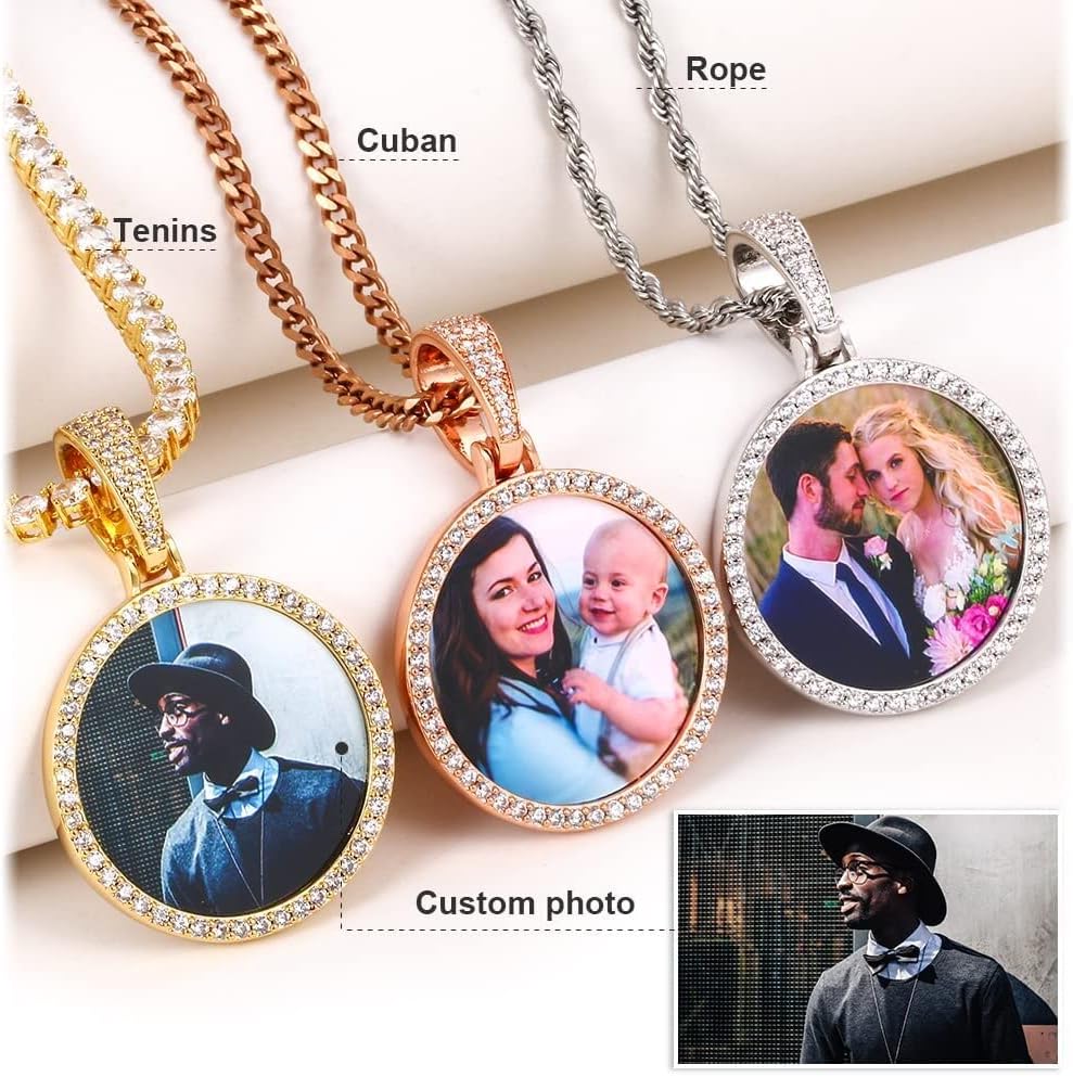 TUHE Custom Picture Necklace Personalized Photo Pendant Gold Silver Memory Customized Picture Chains For Men Women Hip Hop Iced Out Engraved Name Necklaces Medallion Rip Chain