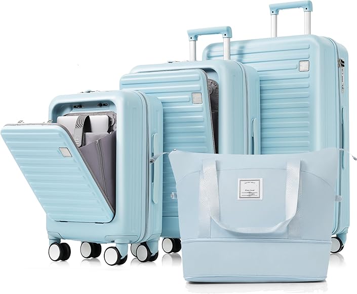 Anwick Carry on Luggage with Front Pocket, Hard Shell Luggage Suitcase with USB Port and Cup Holder, 20/24/28 Inch Rolling Luggage Sets with Expandable Travel Bag (Light Blue, 4 Piece Set)