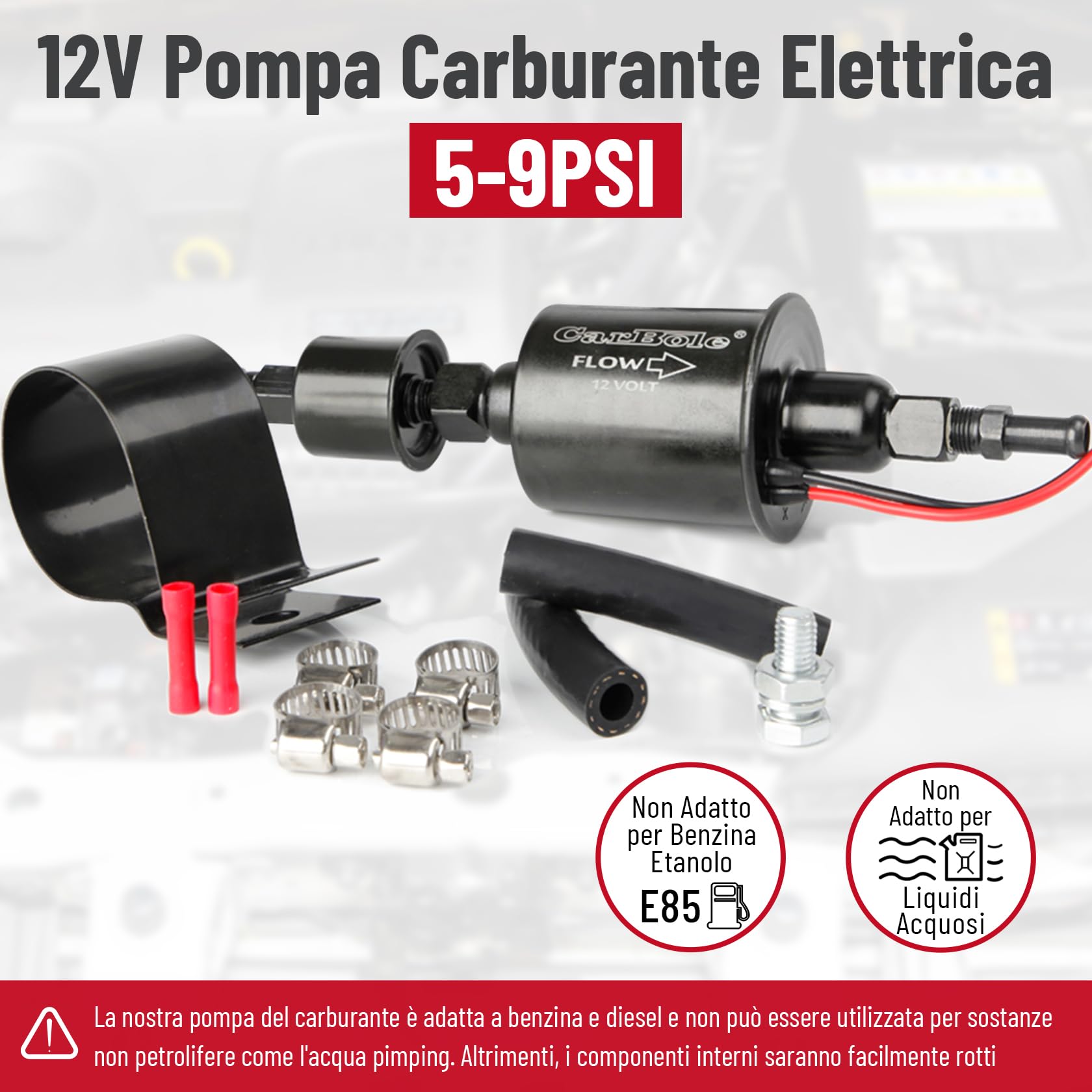 CarBole Pompa Carburante Elettrica 5-9 PSI,Pompa di Benzina Universale Adatta per Diesel e Benzina con Kit di Installazione,Filo di Rame Puro,Dimensioni di Ingresso e Uscita di 8mm,Nero