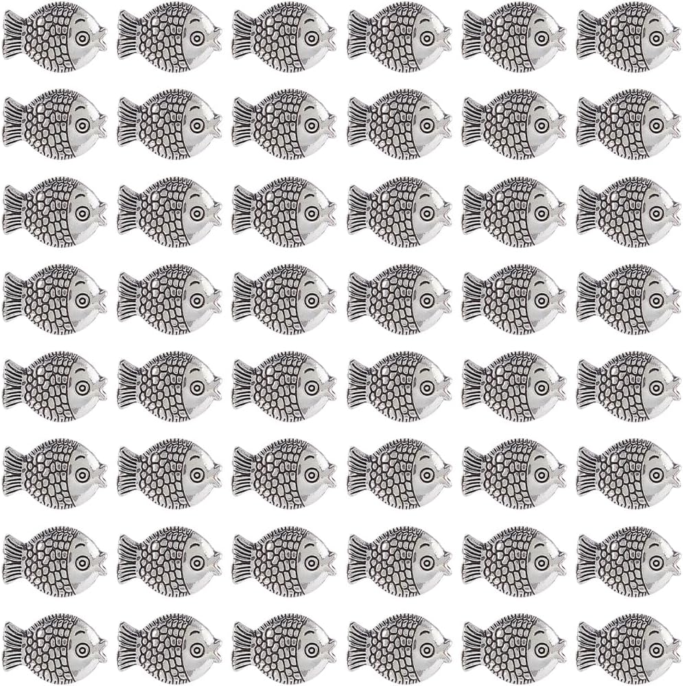 SUNNYCLUE 1 Box 100pcs Silver Fish Beads Fish Spacer Beads Alloy Tibetan Style Vintage Ocean Sea Animas Theme Fish Loose Bead for Jewelry Making Women Bracelet Findings Supplies Findings DIY Crafts