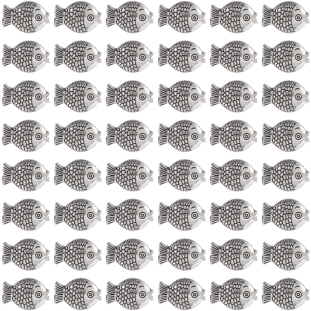 SUNNYCLUE 1 Box 100pcs Silver Fish Beads Fish Spacer Beads Alloy Tibetan Style Vintage Ocean Sea Animas Theme Fish Loose Bead for Jewelry Making Women