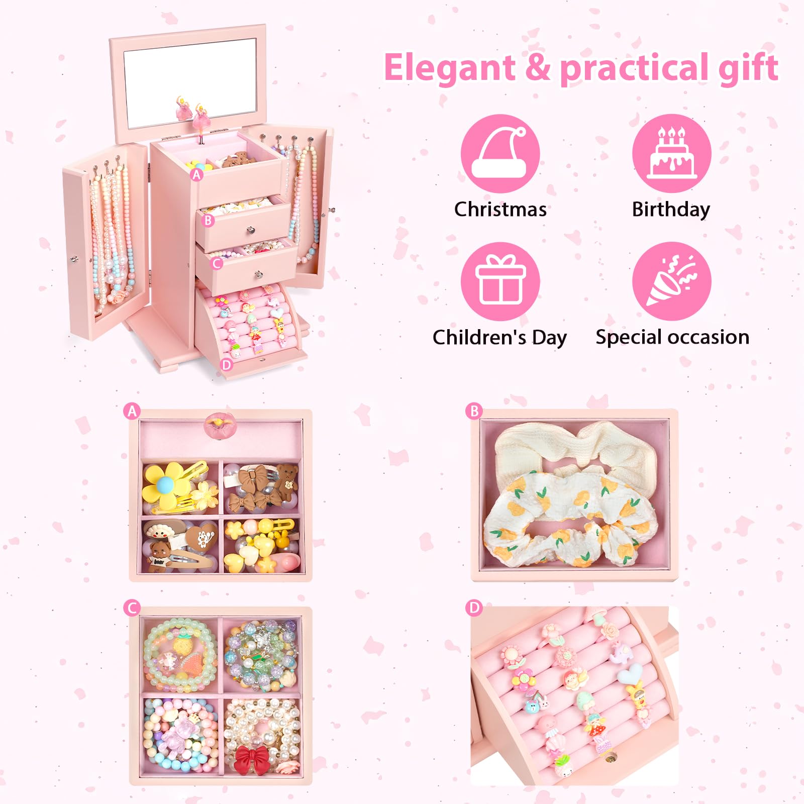 Schmuckschatulle für Mädchen, 4 Ebenen, Musik-Schmuckkästchen für Mädchen, mit Tänzerin, drehbar, große Spieluhr für Kinder, aus Holz, für Kinder, Geburtstag, Geschenk (Rosa)