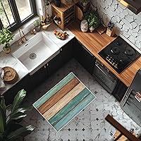Vista 7 de Tapete para puerta de interior, absorbente de goma antideslizante, lavable, color verde azulado, turquesa, madera rústica, de bajo perfil, tapete